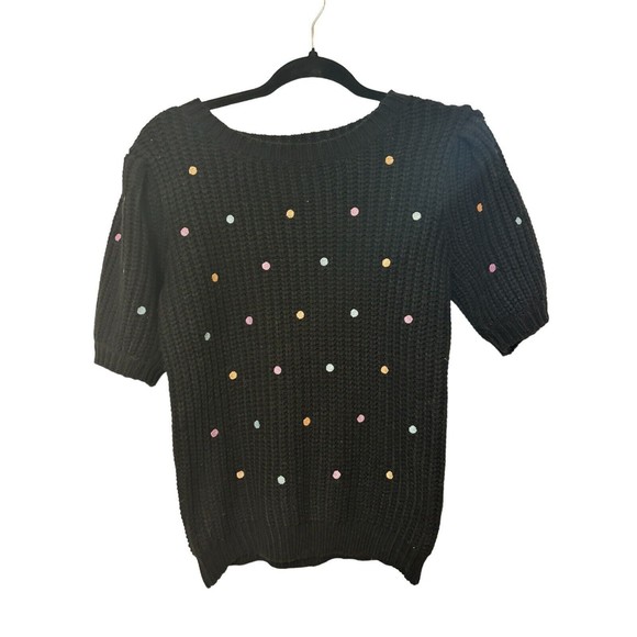 English Factory Black Pastel Embroidered Polka Dot Sweater Sz Small - Picture 3 of 6
